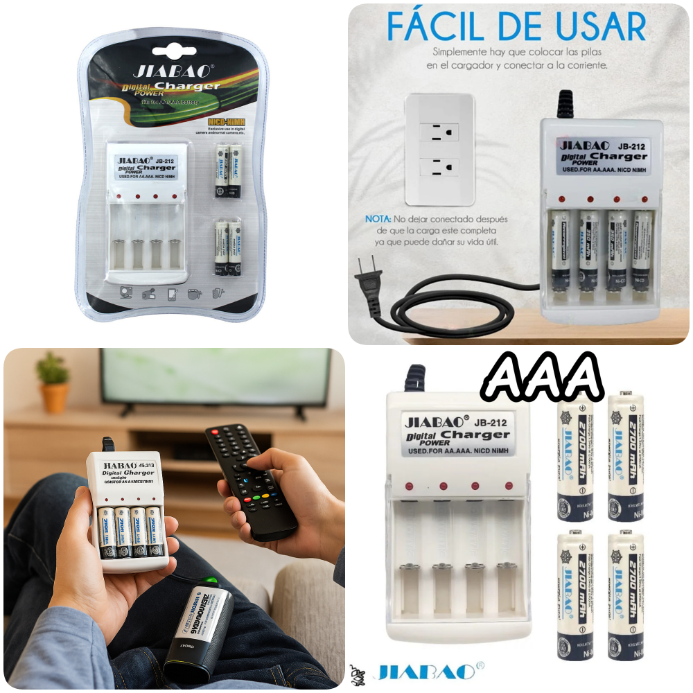 CARGADOR PILAS JIABAO AAA CON 4 PILAS RECARGABLES
